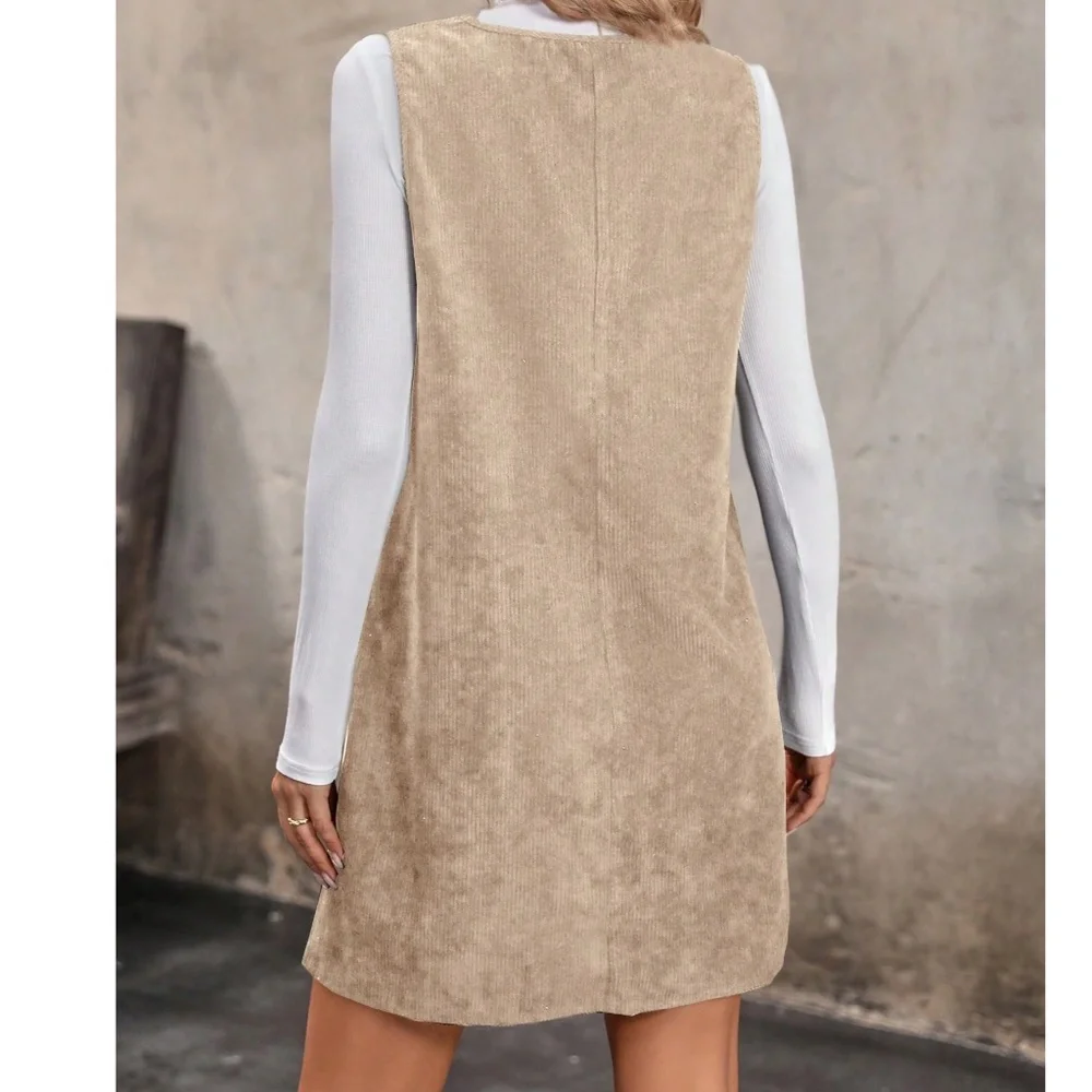 Solid Corduroy Pockets V neck Mini Dress - Picture 7 of 8